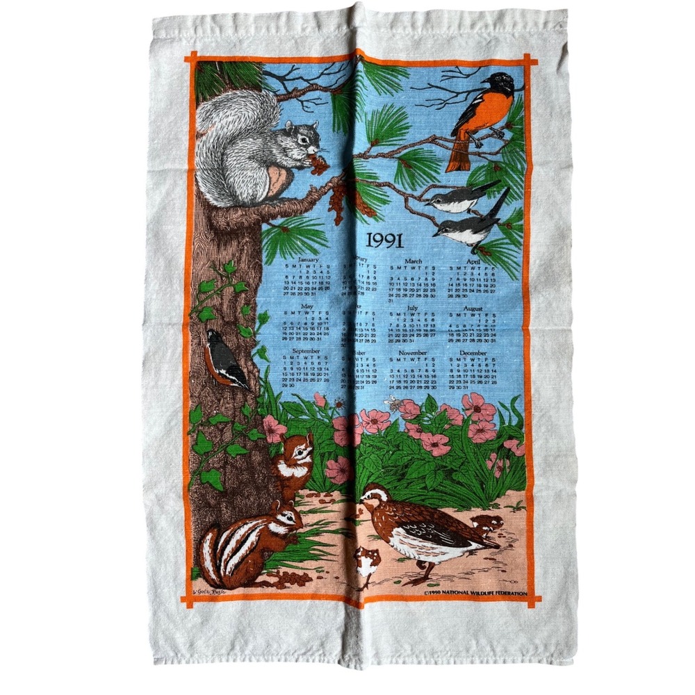 Vintage 1991 National Wildlife Federation Calendar Linen Tea Towel BirdsSquirrel